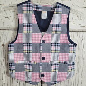 Gymboree Boys Patchwork Plaid Vest Pink Gray Blue M Med 7-8 Spring Dressy Easter